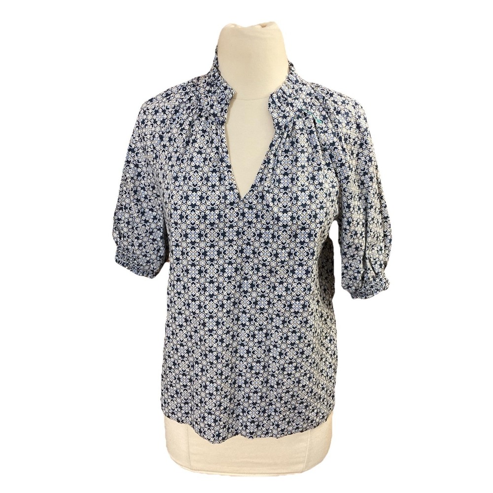 Avara Puff Sleeve Top Women's Sz S Blue V-Neck Ruffle Cotton Cottage Core